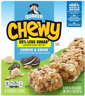 Quaker® 25% Less Sugar* Chewy Granola Bars - Cookies and Cream package