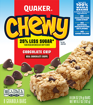 Quaker® 25% Less Sugar* Chewy Granola Bars - Chocolate Chip package