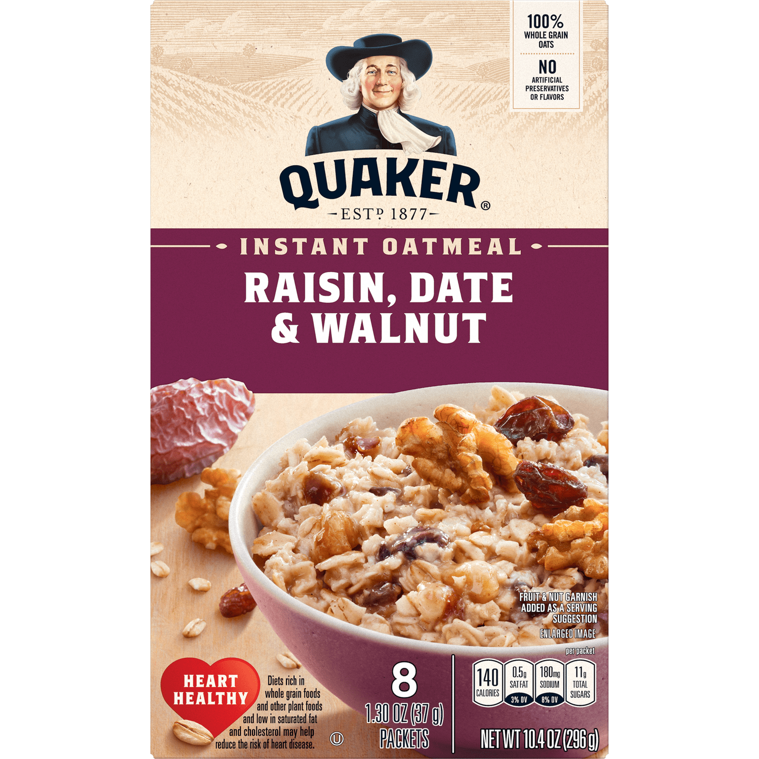 Quaker® Instant Oatmeal - Raisin, Date and Walnut package (back view)