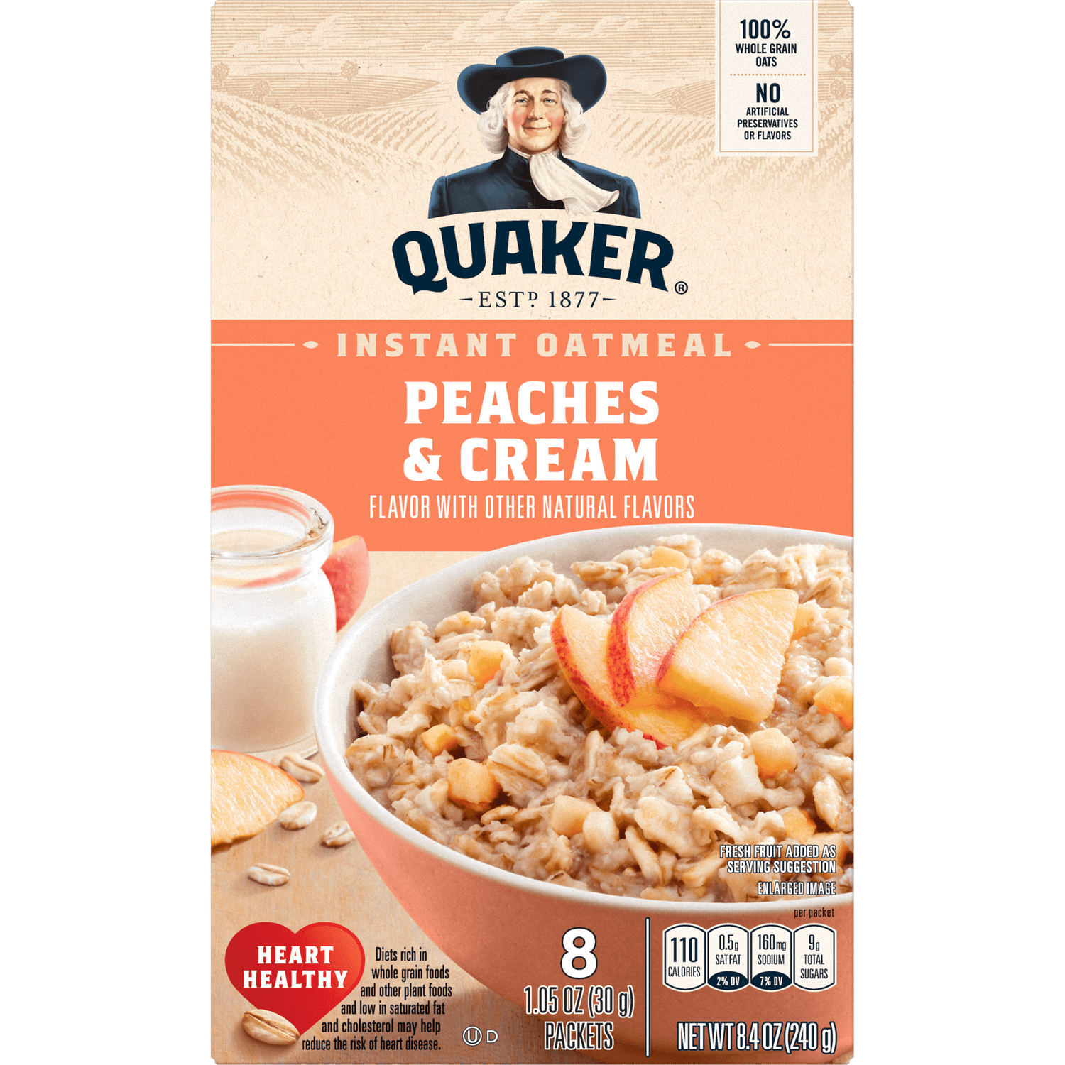 Quaker® Instant Oatmeal - Peaches and Cream package (back view)