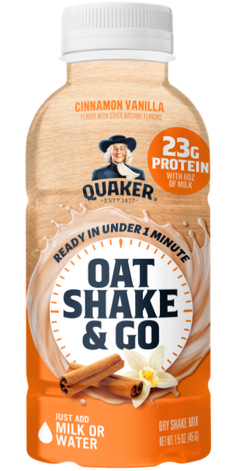 Quaker Oat Shake & Go bottle, drinkable oat shake with 23g protein per serving when prepared with 8oz milk