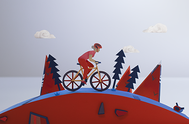 Woman cycling over a mountain, made with paper